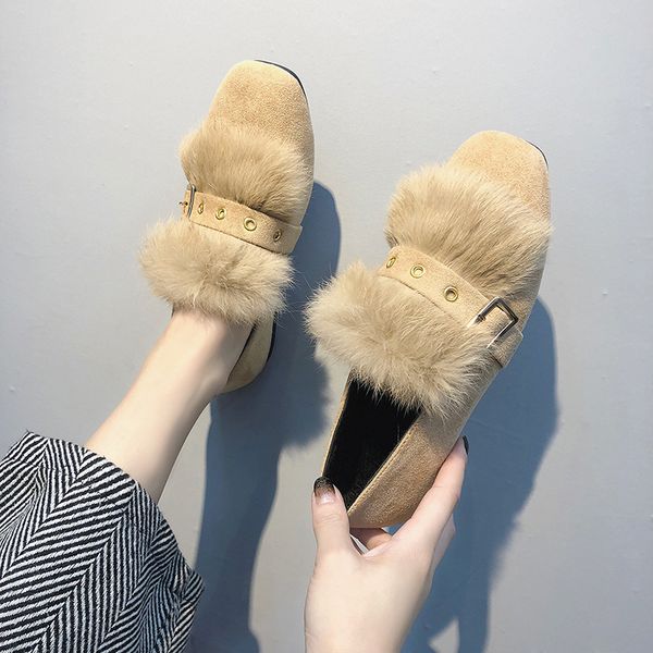 

autumn 2019 women shoes loafers fur all-match square toe shallow mouth women's moccasins slip-on casual female sneakers fall, Black