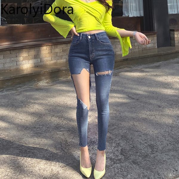 

women's jeans 2020 summer new korean version high waist ripped high waist jeans pencil nine points calf pants, Blue