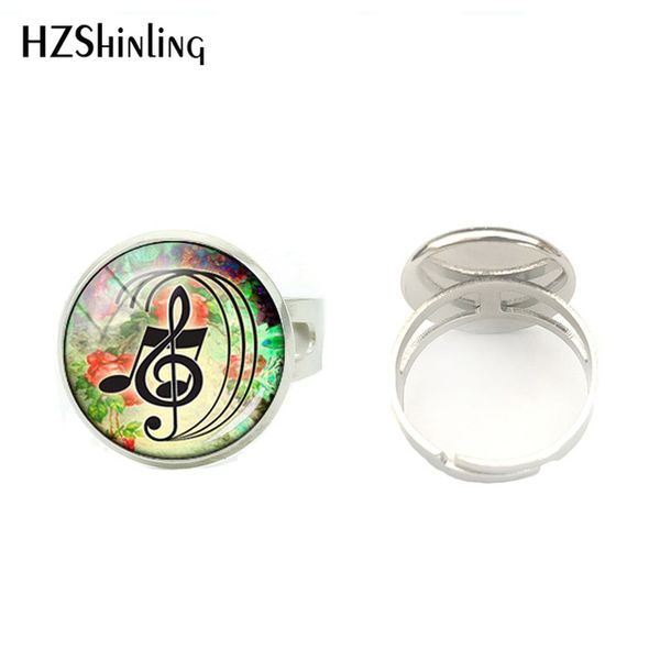 

new retail music key dome glass cabochon rings clef crystal round flower art picture jewelry ring gifts for girl women, Silver