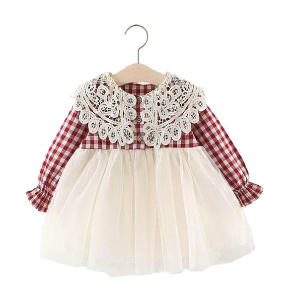 

fashion newborn christmas dress baby girl clothes lace lapel plaid mesh cloth patchwork infant cotton birthday dresses 1-3 years, Red;yellow