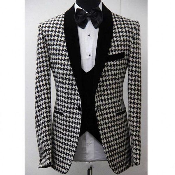 Özel Tasarım Houndstooth Damat Smokin Siyah Şal Yaka Groomsmen Mens Düğün Smokin Moda Adam 3 Parça Suit (Ceket + Pantolon + Yelek + Kravat) 126