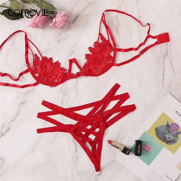 

colrovie red floral lace cut out lingerie set women intimates 2019 underwire see through bra and thongs underwear set, Red;black