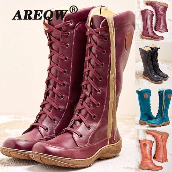 

2020 autumn winter new women's fashion casual round toe rome retro zipper long boots lace up shoes boots winter women, Black