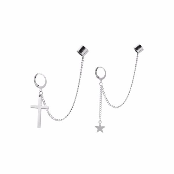 

stainless steel ear cuffs dangle chain earrings cross star pendant ring hoop set valentine's day present, Silver