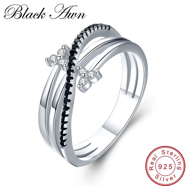 

black awn] hyperbole 3g 925 sterling silver fine jewelry bague row black spinel leaf wedding ring for women g005, Golden;silver