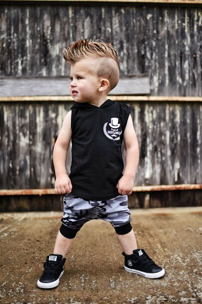 

toddler kid boy sleeveless black hoodie camo pants set clothes, White