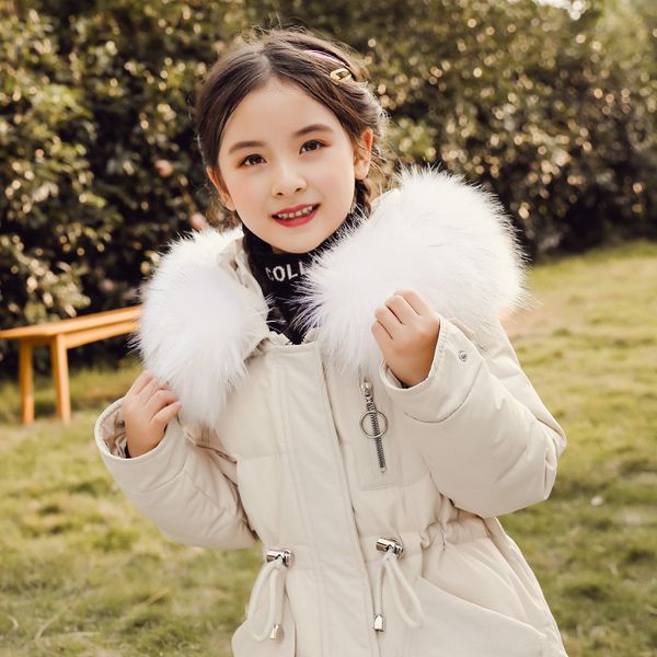 

children down jacket girls long korean style solid color red white pink winter hooded coat fur collar big kids snowwear