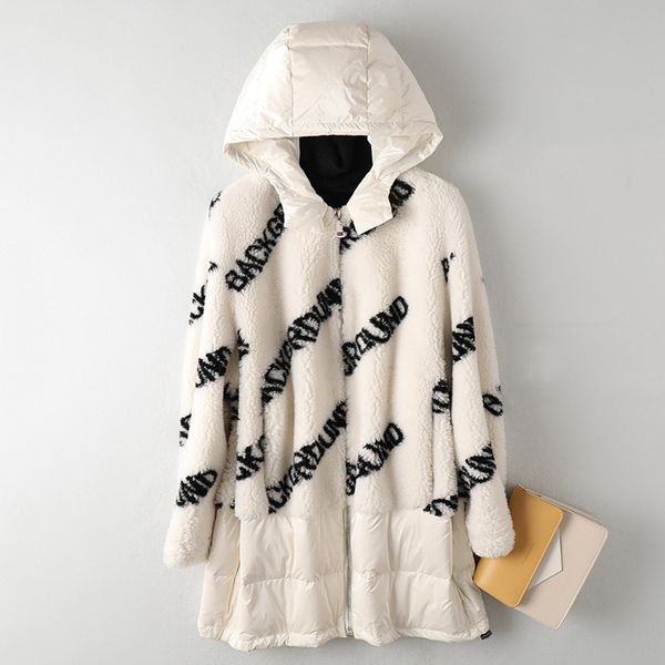 

fashion parka coat women winter down jacket stitching wool sheep shearing coat female 2019 down parka warm hooded outwear, Black