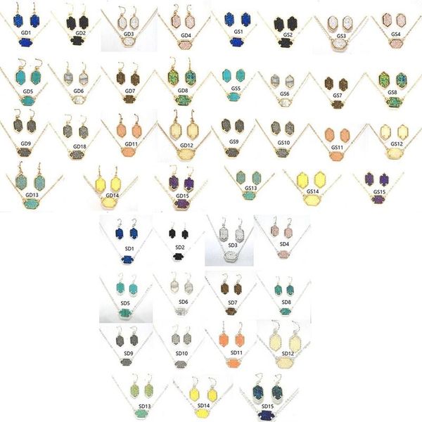 

druzy drusy necklace earrings jewelry set gold silver plated hexagon resin crystal necklaces dangle stud earrings