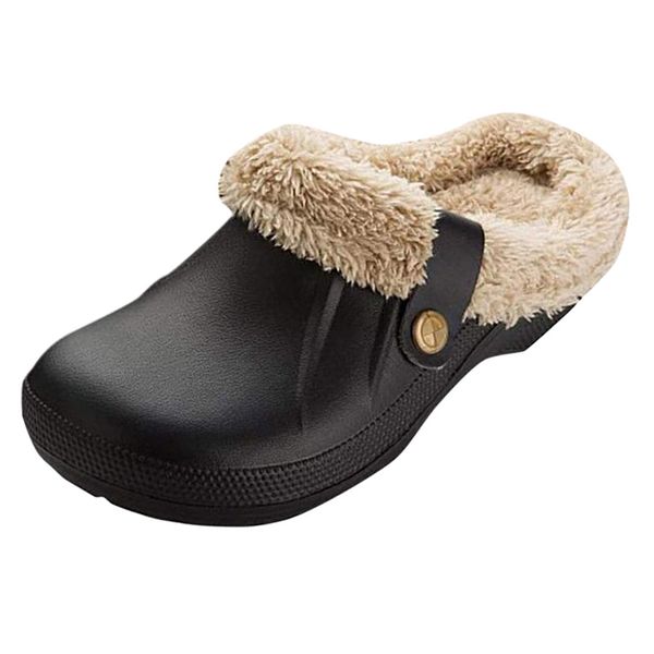 

winter home slippers men waterproof male house slippers indoor outdoor garden cotton warm plush bedroom shoes men, Black