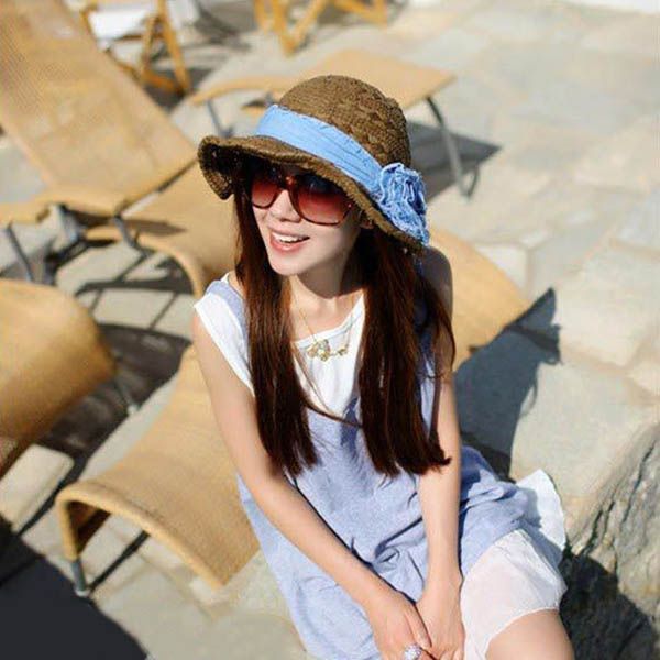 

ladies straw hat wide brim cloth wrap sun beach shield cap for summer ngd88, Blue;gray