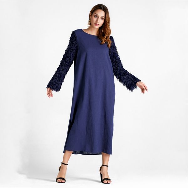 

2019 spring autumn women o-neck long dress new bohemian style slim vestido vintage tassel long sleeve casual maxi dresses, White;black