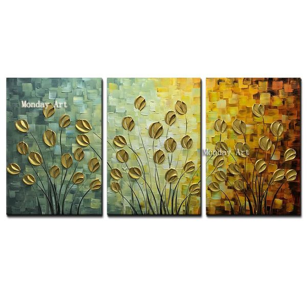 Dipinto a mano LNIFE Oro fiore Pittura a olio su tela Tavolozza Pittura per soggiorno Moderno fiore albero immagine Wall Art Pictures237c