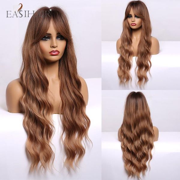 

synthetic wigs easihair long body wave light chocolate brown ombre with bangs women hair natural cosplay for, Black
