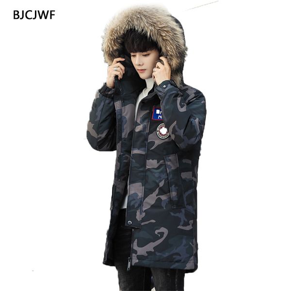 

bjcjwf men's down jacket winter camouflage down coat real fur collar hooded embroidery long thick warm white duck parkas, Black