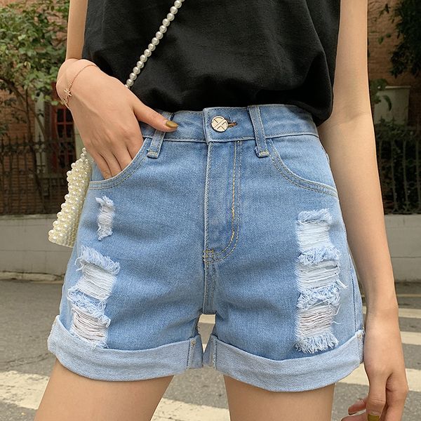 

plus size short ripped jeans for women summer jeans woman high waist short curl denim pants, Blue