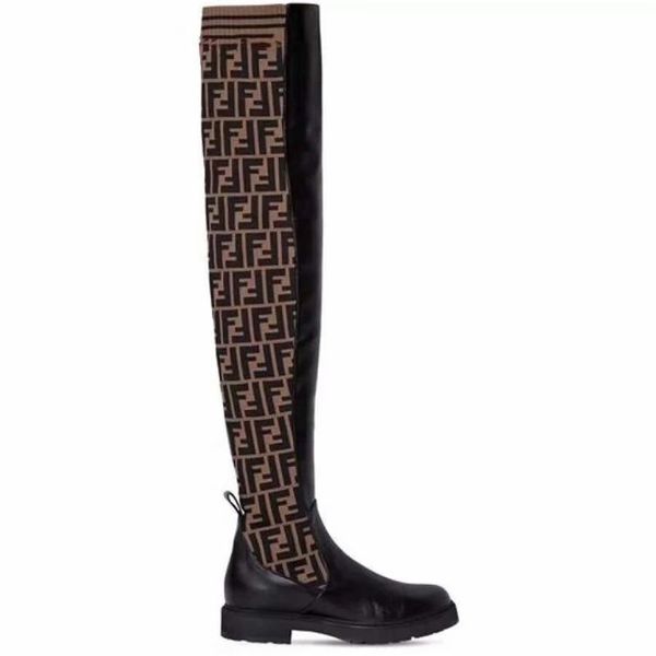 

2019fendi ff frame boots ladies vintage leather and canvas knit over the knee ff print sock boots with original box, Blue;gray