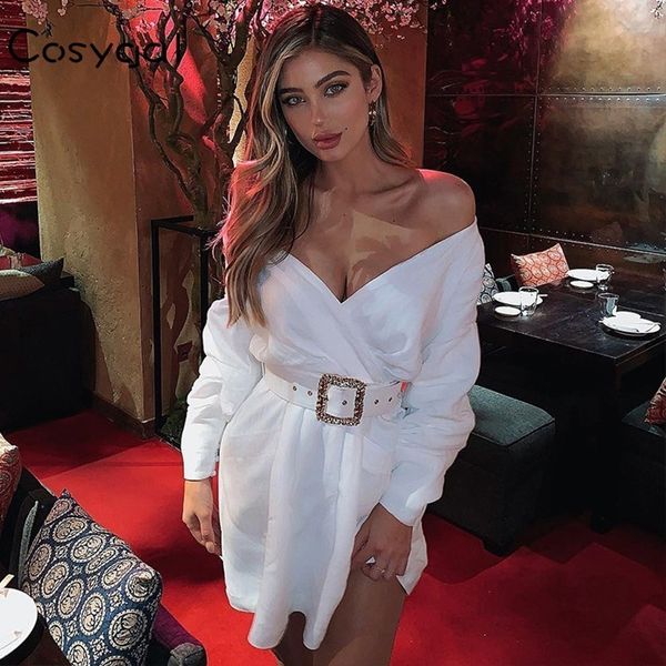 

cosygal 2019 off shoulder office lady party dress lace up white dress women trendy autumn winter dress with belt ropa mujer, Black;pink