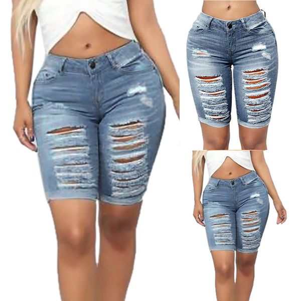 

fashion women shorts jeans women plus size casual elastic destroyed hole ripped denim shorts packet club short jeans l41, Blue