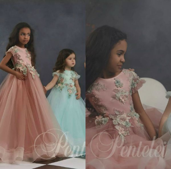 Parte de aniversário da menina Flor dreamly A linha de vestidos de Jewel manga curta Lace Applique Feito à Mão Flor Pageant vestido até o chão da menina