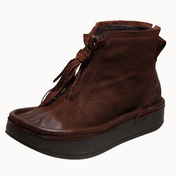 

vallu 2020 autumn and winter new matte thick bottom wedge heel leather boots women flat casual round head leather boots, Black