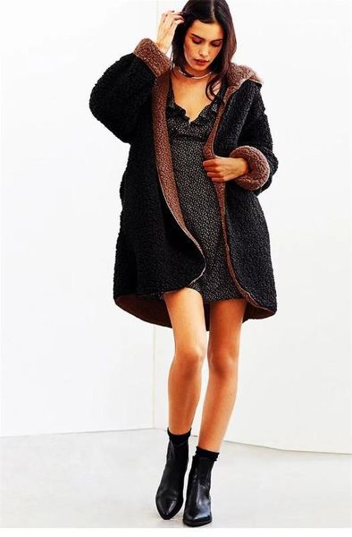 

warm faux fur outwear coats casual women clothing fashion women winter hooded cardigan coat, Black