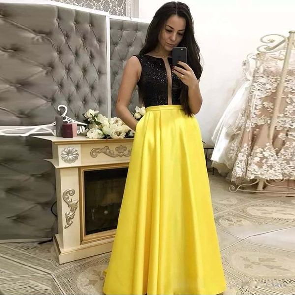 Yellow With Black Sequin Prom Dresses With Pocket Jewel Neck