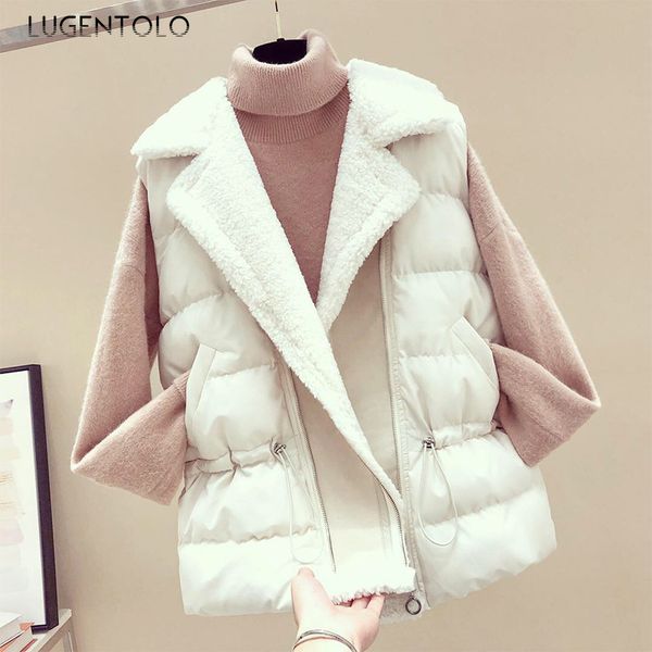 

lugentolo women vest fashion cotton vest winter loose thick down zipper sleeveless lamb hair horse jacket coat woman, Black;white