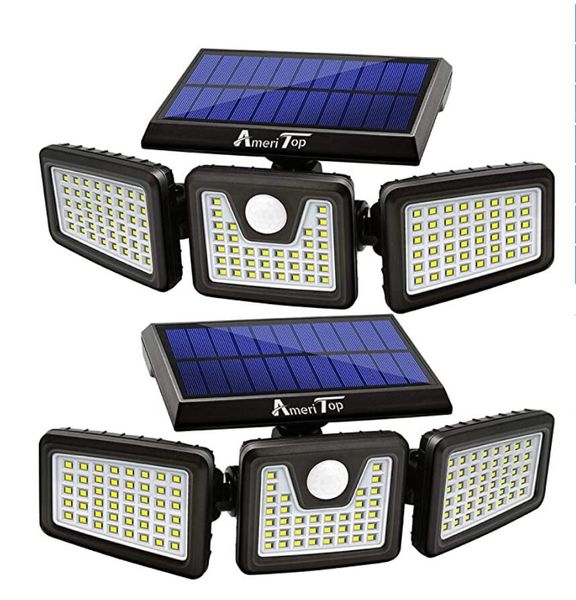 Solar Lights Outdoor AmeriTop 128 LED 800LM sem fio LED Solar Movimento Luzes sensor exterior 3 cabeças ajustáveis ​​270 ° de largura ângulo de iluminação