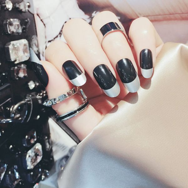 

24 pcs/set false nails tip round long bling nail art artificial tips accessories with 2g glue jiu55, Red;gold