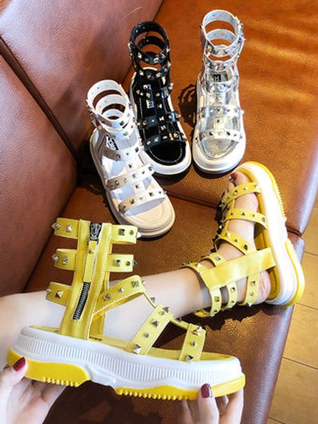 

summer new patent leather rivets thick-bottomed muffin wedges with open toe roman sandals one-piece sandals women's shoes, Black