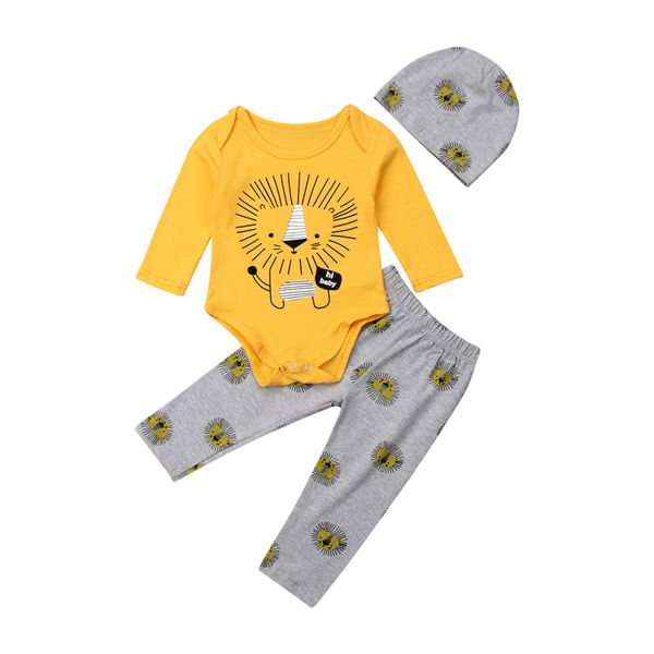 

For Toddler Baby Boy Clothes Lion Print Tops + Long Pants with Hat 3pcs Bodysuit Outfit Set