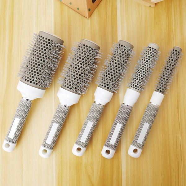 

5 sizes gray ceramic ionic comb high temperature resistant round combs iron radial brushes curly hairbrush hair salon tool, Silver