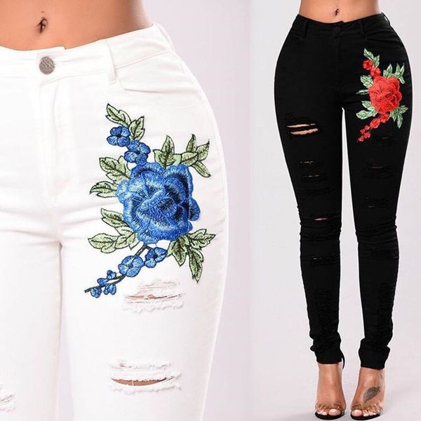 

2018 fashion button full length pants flower print pockets hollow out jeans solid comfortable woman jeans2, Blue