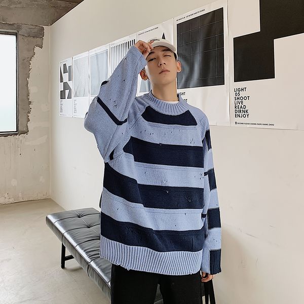 

2019 men's round neck cashmere pullover long sleeve stripe hit color knitting woolen clothes in warm loose sweater coats -2xl, White;black