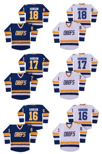 

nhl hanson brothers charlestown chiefs hockey jersey #16 jack hanson #17 steve #18 jeff hanson slapsmovie jerseys blue white stitched, Black;red
