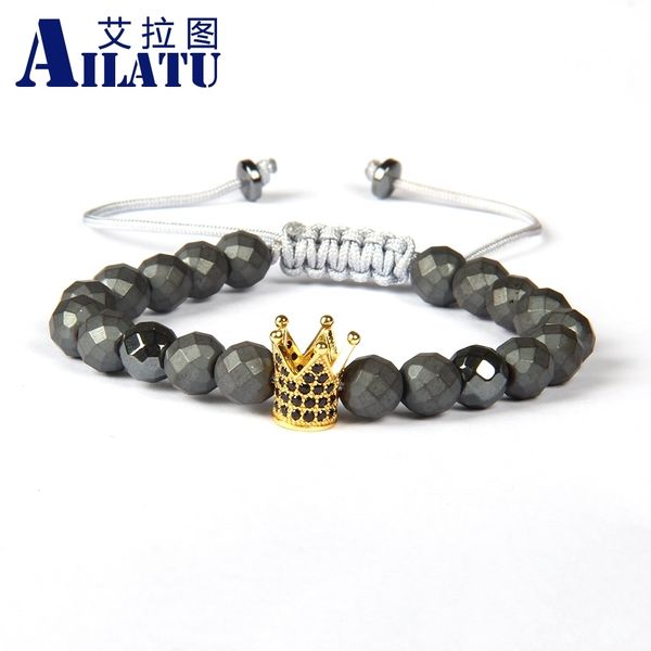 

ailatu black cz crown charm men macrame bracelet wholesale 8mm faceted matte hematite stone beads jewelry, Golden;silver