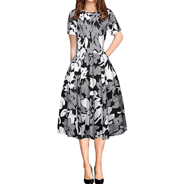 

summer dress 2019 women o-neck off short sleeve floral vintage dress formal evening party midi long sleeve miss, Black;gray