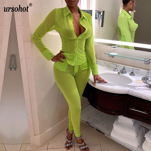 

ursosummer mesh see through two piece set women 2019 long sleeve shirts and pants set night club party beach women, White