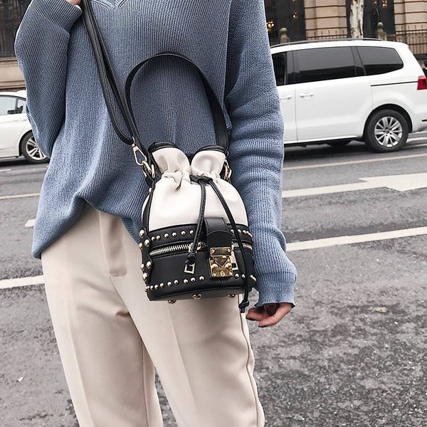 

fashion punk rivet bucket bag bags pu leather women shoulder crossbody bag string women's handbags