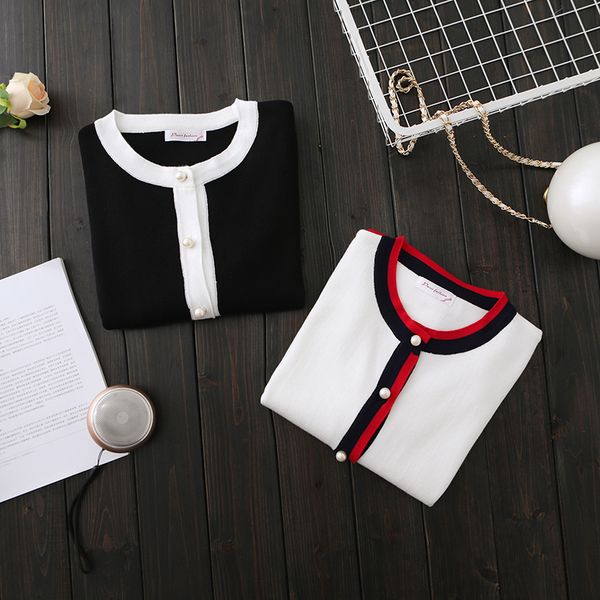 

осень новый дизайн женщин о-образным вырезом с длинным рукавом цвет блока нашивки заплатки трикотажные жемчужные пуговицы кардиган coat свит, White