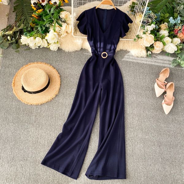 

fashion slim 2020 ruffles jumpsuits v neck rompers office summer full length jumpsuit casual women elegant playsuit tie romper, Black;white