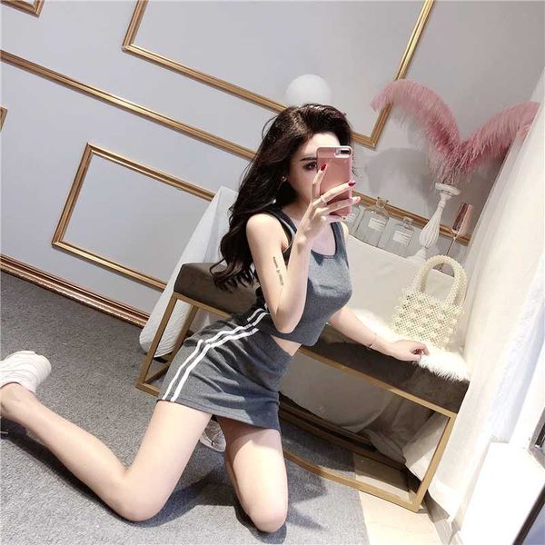 

черный серый вскользь backless платье два piece set club outfit женщины спагетти ремень crop топ и мини-юбка sexy summer, White