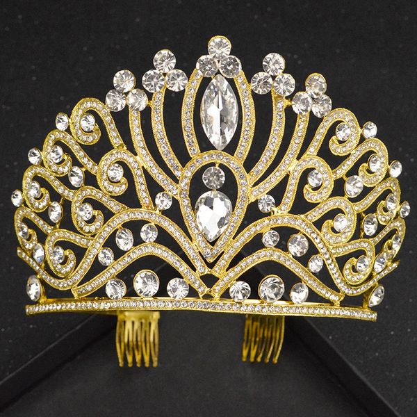 

european luxury wedding comb rhinestone crown baroque handmade bride gold and silver hair accessories princess banquet headdress, Golden;white