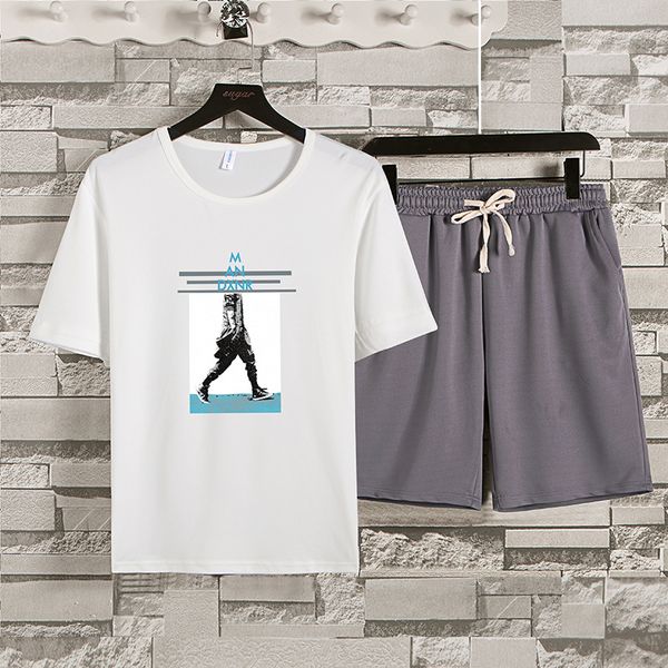 

summer men 100% cotton short sleeve t-shirts men clothes solid color brand new casual tracksuit t-shirt suit set t shirt, Gray