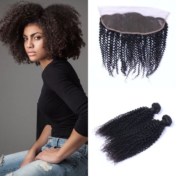 

peruvian virgin human hair bundles with 13x4 frontal natural black kinky curly lace frontal with 2 bundles hair extensions, Black;brown