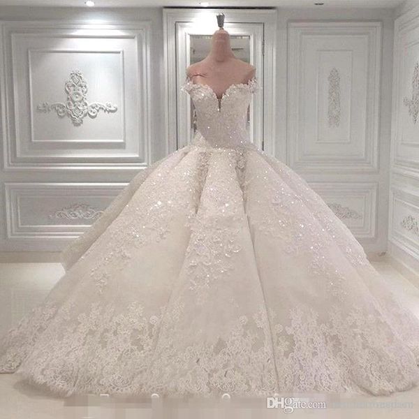 

Sparkly Luxury Wedding Dresses Off The Shoulder Sheer Back Cathedral Train Lace Appliques Bridal Gown For Church Vestido De Noiva BC0388