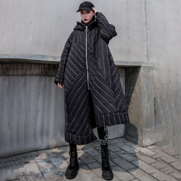 

lanmrem 2019 zippers asymmetrical hooded clothing female winter new loose cotton jacket female long coat thickening pb838, Black