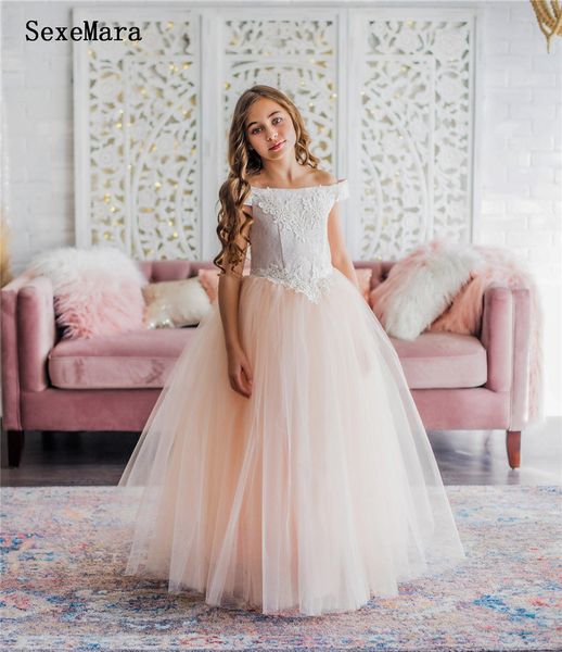 

new off the shoulder girls clothes for first communion puffy tulle lace girls dresses for special occasion lace up back, Red;yellow