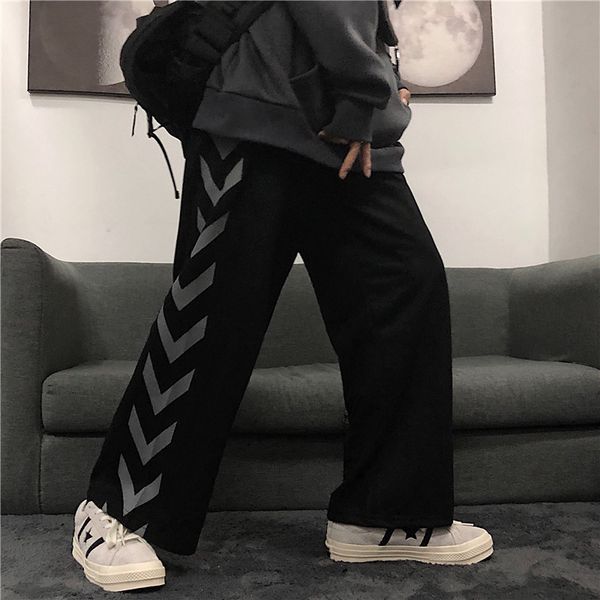 

casual sweatpants ulzzang korean style pants for men women hip hop sweat trousers harajuku streetwear punk loose wide leg, Black